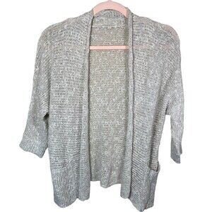 EILEEN FISHER Size P Small Cardigan Sweater Beige Crochet Open Front Pockets